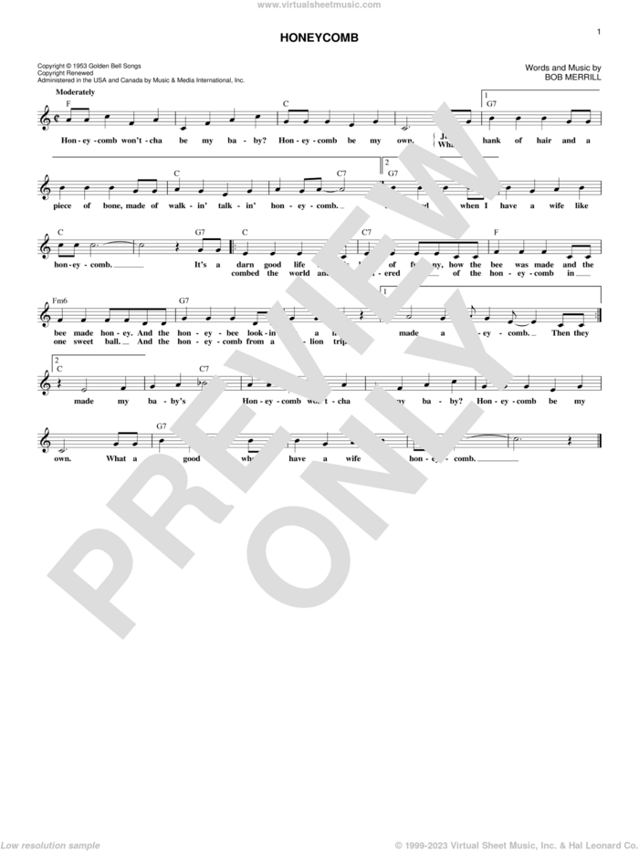 Honeycomb sheet music for voice and other instruments (fake book) by Jimmie Rodgers and Bob Merrill, intermediate skill level