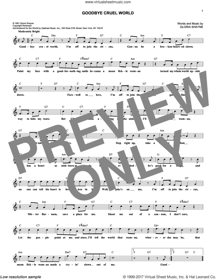 Goodbye Cruel World sheet music for voice and other instruments (fake book) by James Darren and Gloria Shayne, intermediate skill level