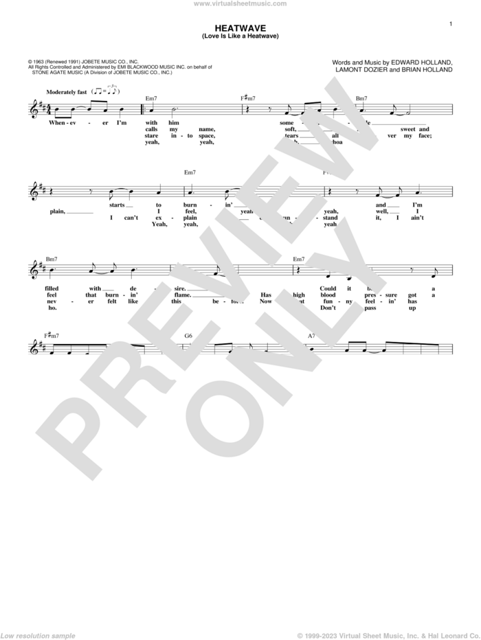 Heatwave (Love Is Like A Heatwave) sheet music for voice and other instruments (fake book) by Martha & The Vandellas, Linda Ronstadt, Brian Holland, Eddie Holland and Lamont Dozier, intermediate skill level