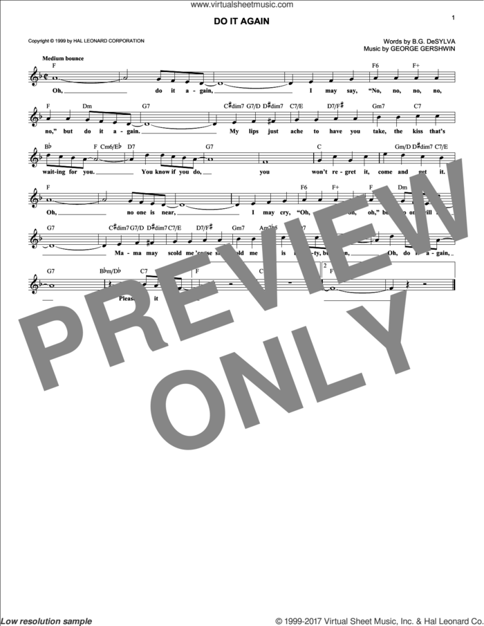Do It Again sheet music for voice and other instruments (fake book) by George Gershwin and Buddy DeSylva, intermediate skill level