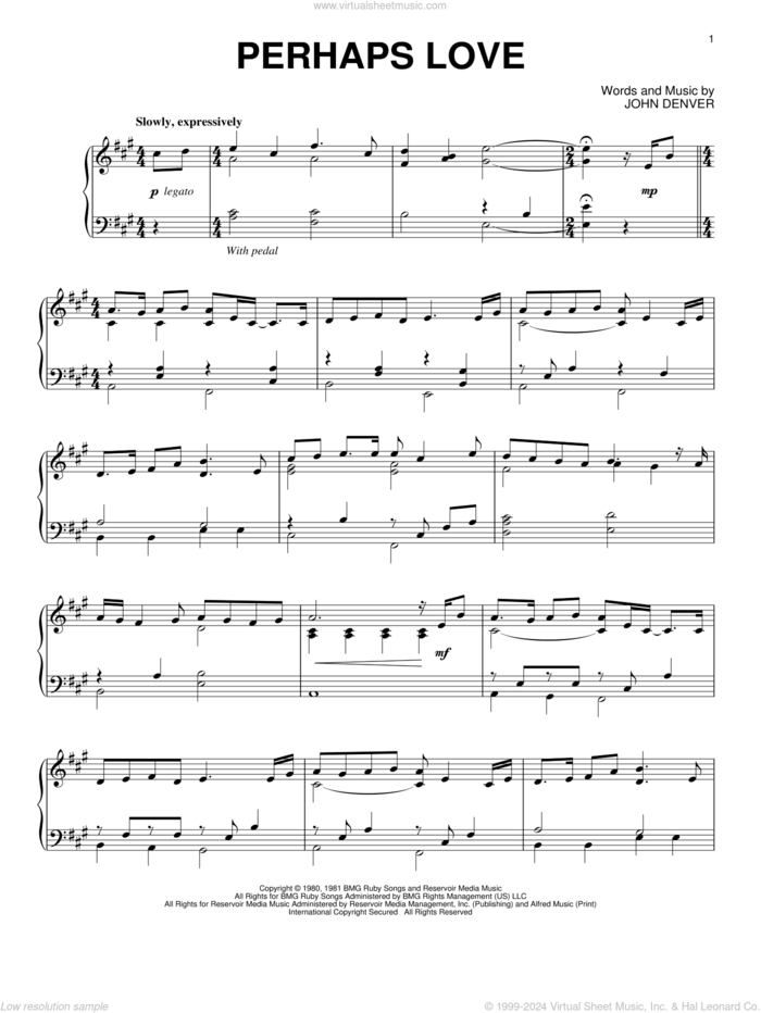 Perhaps Love, (intermediate) sheet music for piano solo by John Denver and Placido Domingo and John Denver, intermediate skill level