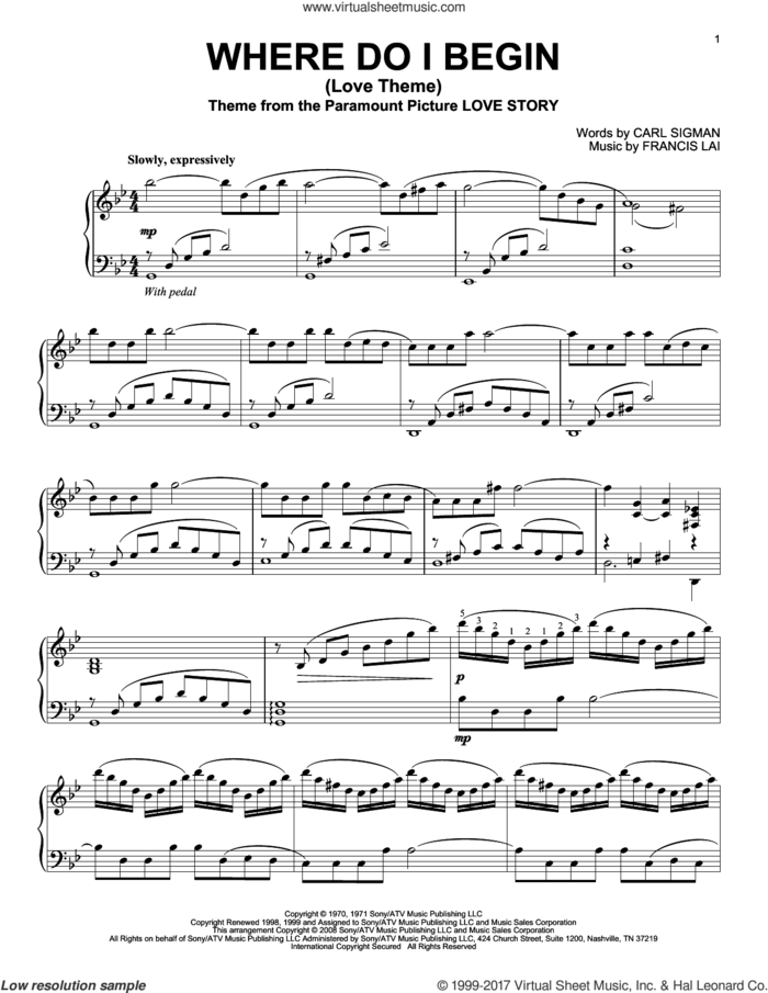 Where Do I Begin (Love Theme), (intermediate) sheet music for piano solo by Andy Williams, Carl Sigman and Francis Lai, intermediate skill level