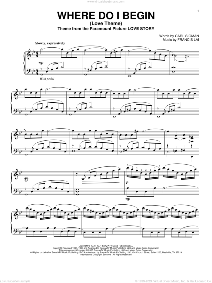 Where Do I Begin (Love Theme) sheet music for piano solo by Andy Williams, Carl Sigman and Francis Lai, intermediate skill level