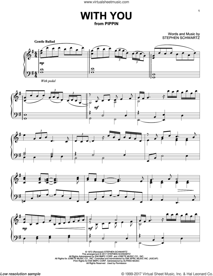 With You (from Pippin) sheet music for piano solo by Stephen Schwartz, intermediate skill level