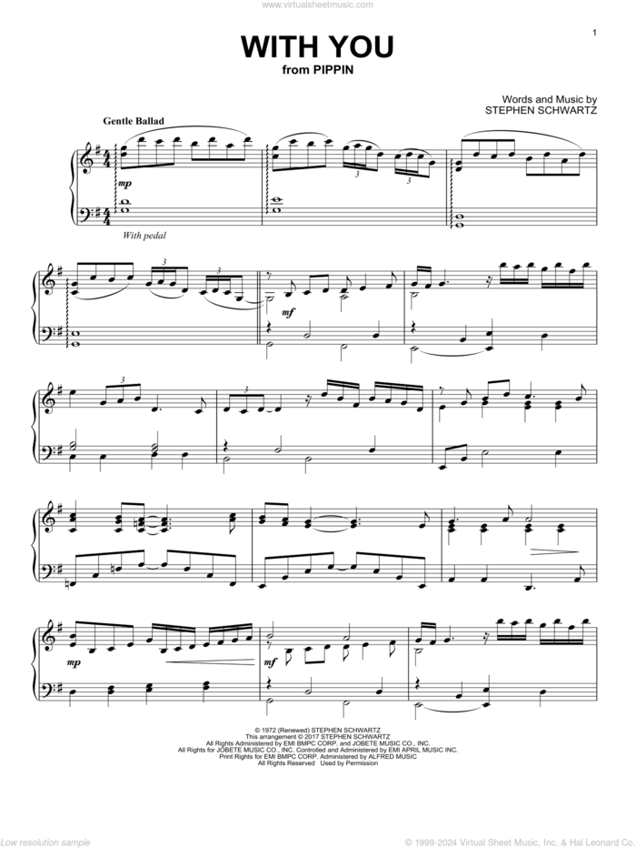 With You (from Pippin) sheet music for piano solo by Stephen Schwartz, intermediate skill level