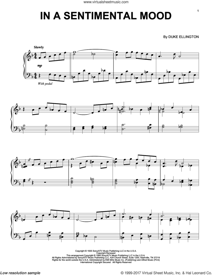 In A Sentimental Mood, (intermediate) sheet music for piano solo by Duke Ellington, Irving Mills and Manny Kurtz, intermediate skill level