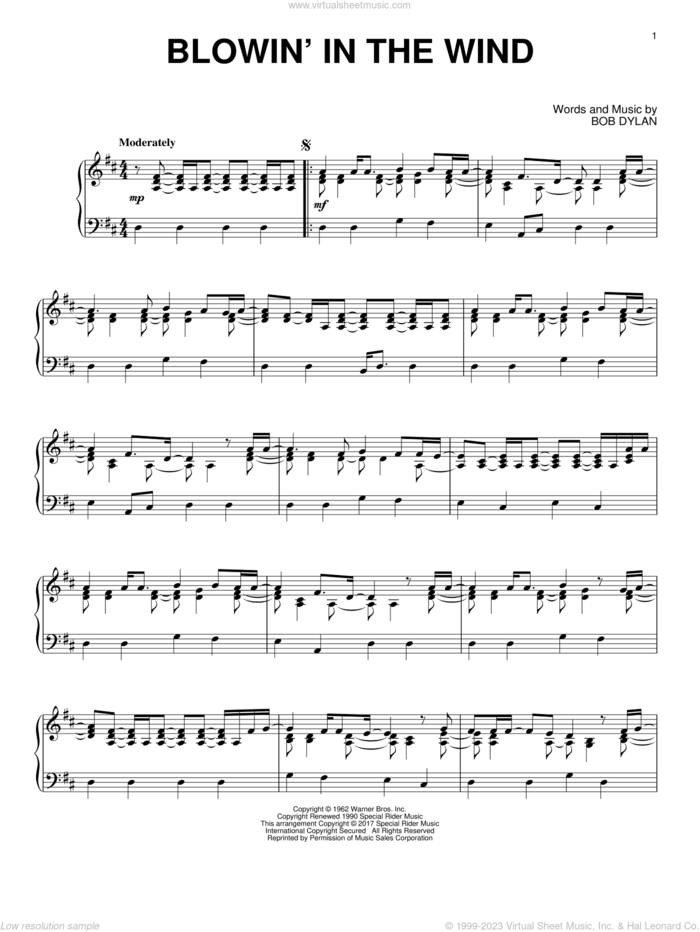 Blowin' In The Wind sheet music for piano solo by Bob Dylan, Peter, Paul & Mary and Stevie Wonder, intermediate skill level