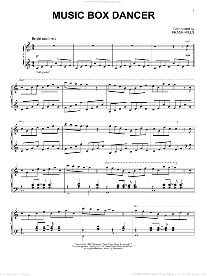 Music Box Dancer sheet music for piano solo by Frank Mills, intermediate skill level