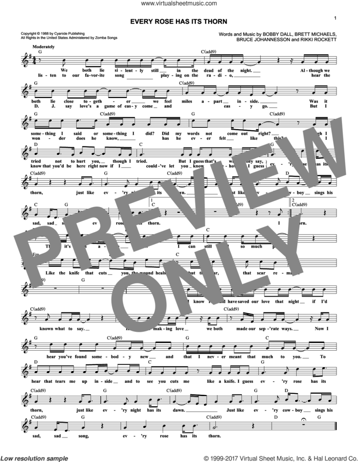 Every Rose Has Its Thorn sheet music for voice and other instruments (fake book) by Poison, Bobby Dall, Bret Michaels, C.C. Deville and Rikki Rockett, intermediate skill level