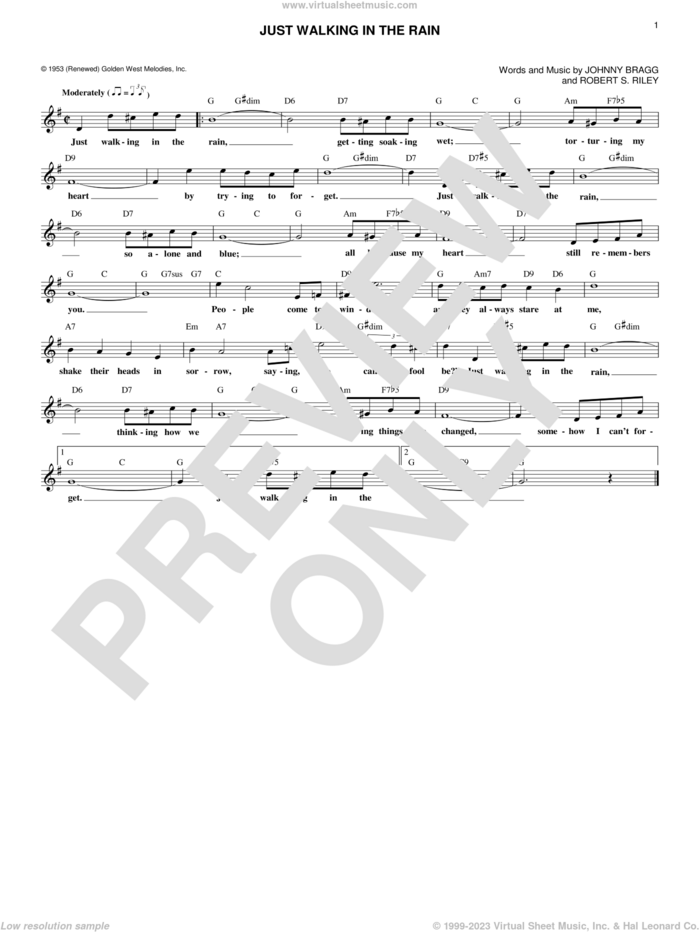 Just Walking In The Rain sheet music for voice and other instruments (fake book) by Johnny Bragg and Robert S. Riley, intermediate skill level