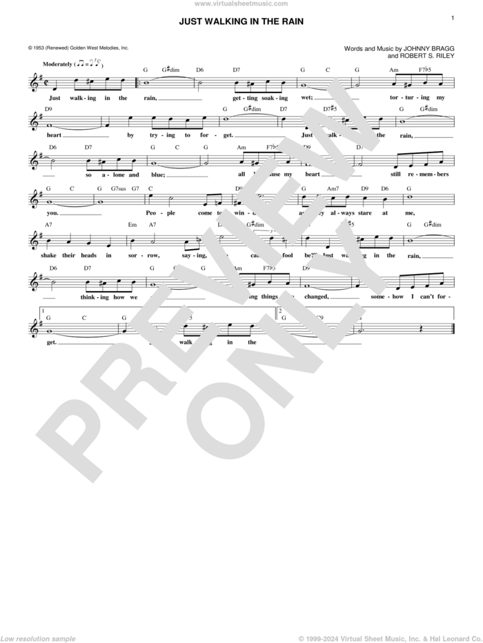 Just Walking In The Rain sheet music for voice and other instruments (fake book) by Johnny Bragg and Robert S. Riley, intermediate skill level