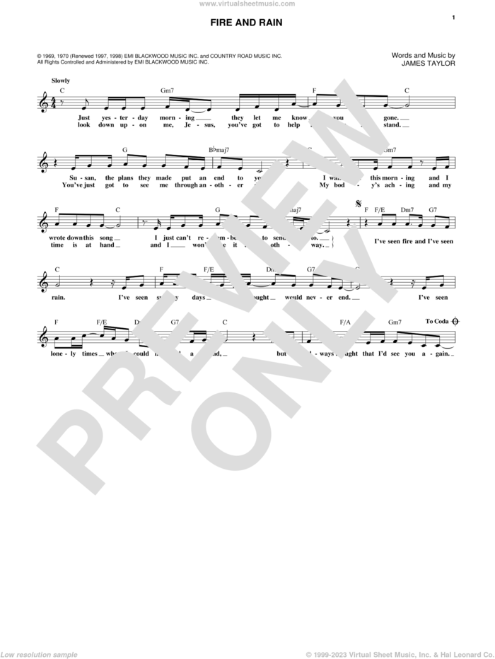 Fire And Rain sheet music for voice and other instruments (fake book) by James Taylor, intermediate skill level