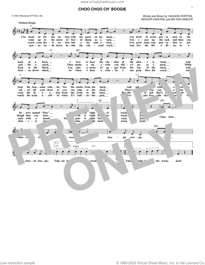 Choo Choo Ch' Boogie sheet music for voice and other instruments (fake book) by Vaughn Horton, Bill Haley, Louis Jordan, Denver Darling and Milton Gabler, intermediate skill level