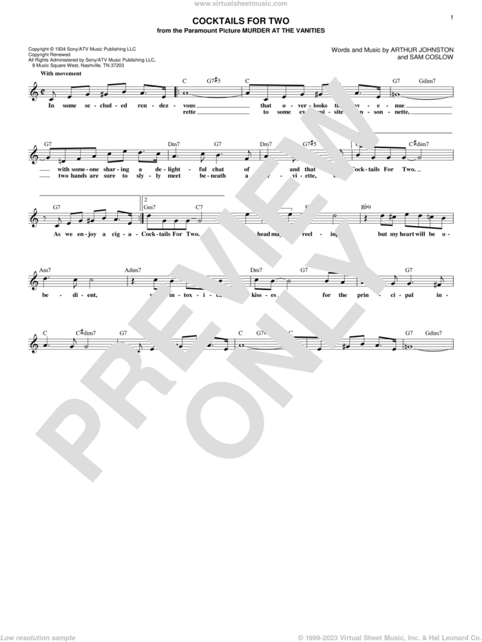 Cocktails For Two sheet music for voice and other instruments (fake book) by Arthur Johnston, Carl Brisson, Miriam Hopkins, Spike Jones & The City Slickers and Sam Coslow, intermediate skill level