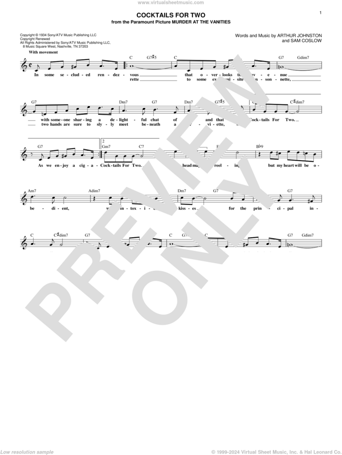 Cocktails For Two sheet music for voice and other instruments (fake book) by Arthur Johnston, Carl Brisson, Miriam Hopkins, Spike Jones & The City Slickers and Sam Coslow, intermediate skill level