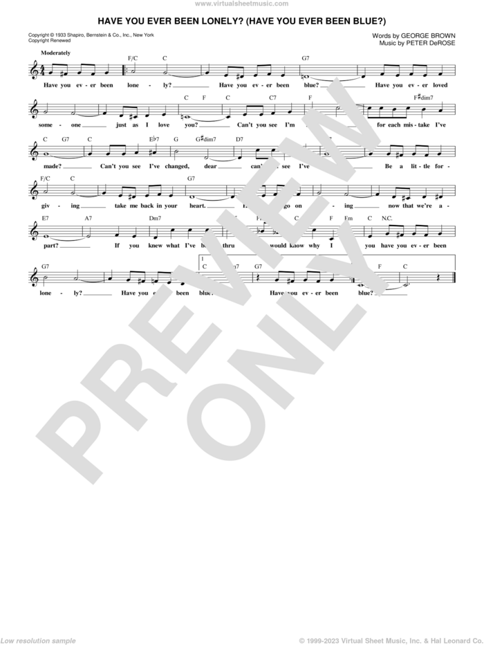 Have You Ever Been Lonely? (Have You Ever Been Blue?) sheet music for voice and other instruments (fake book) by Patsy Cline & Jim Reeves, George Brown and Peter DeRose, intermediate skill level