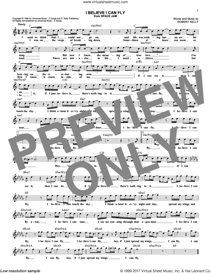 I Believe I Can Fly sheet music for voice and other instruments (fake book) by Robert Kelly and Jermaine Paul, intermediate skill level