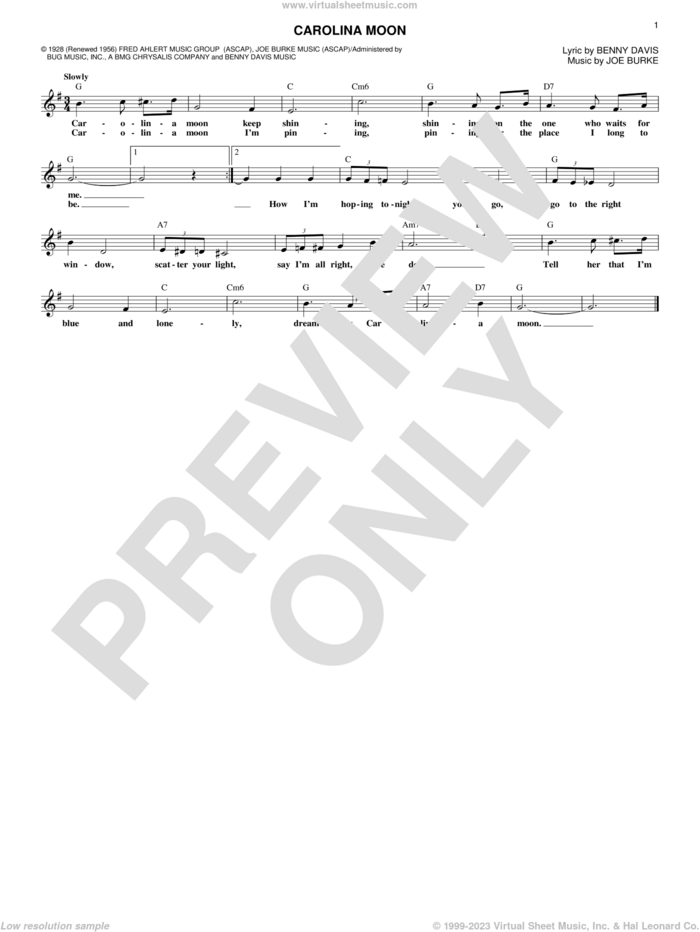 Carolina Moon sheet music for voice and other instruments (fake book) by Benny Davis, Ernie Felice, Jessie Crawford, Gene Austin, Smith Ballew and Joe Burke, intermediate skill level