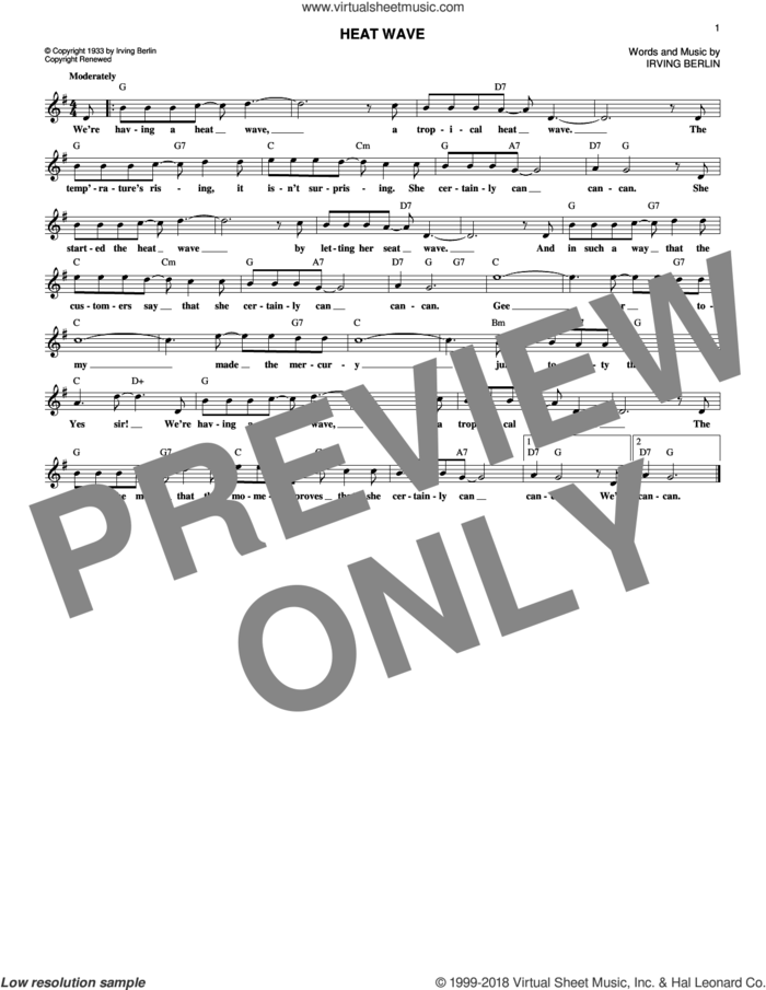 Heat Wave sheet music for voice and other instruments (fake book) by Irving Berlin, intermediate skill level