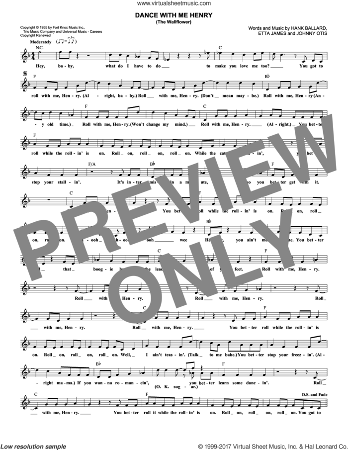 Dance With Me Henry (The Wallflower) sheet music for voice and other instruments (fake book) by Etta James, Georgia Gibbs, Hank Ballard and Johnny Otis, intermediate skill level