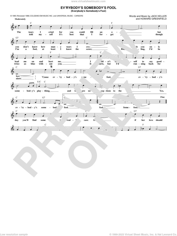 Ev'rybody's Somebody's Fool (Everybody's Somebody's Fool) sheet music for voice and other instruments (fake book) by Connie Francis, Howard Greenfield and Jack Keller, intermediate skill level