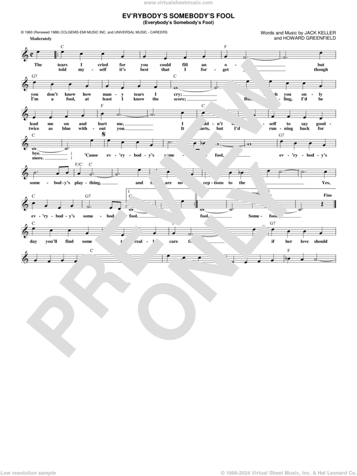 Ev'rybody's Somebody's Fool (Everybody's Somebody's Fool) sheet music for voice and other instruments (fake book) by Connie Francis, Howard Greenfield and Jack Keller, intermediate skill level