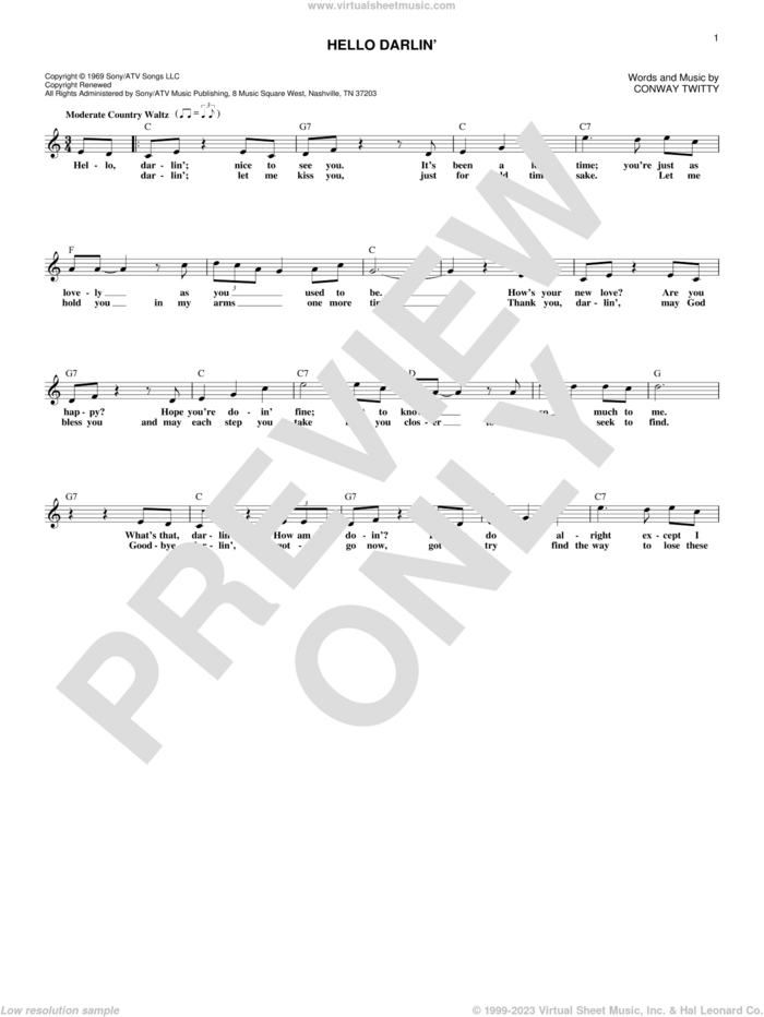 Hello Darlin' sheet music for voice and other instruments (fake book) by Conway Twitty, intermediate skill level