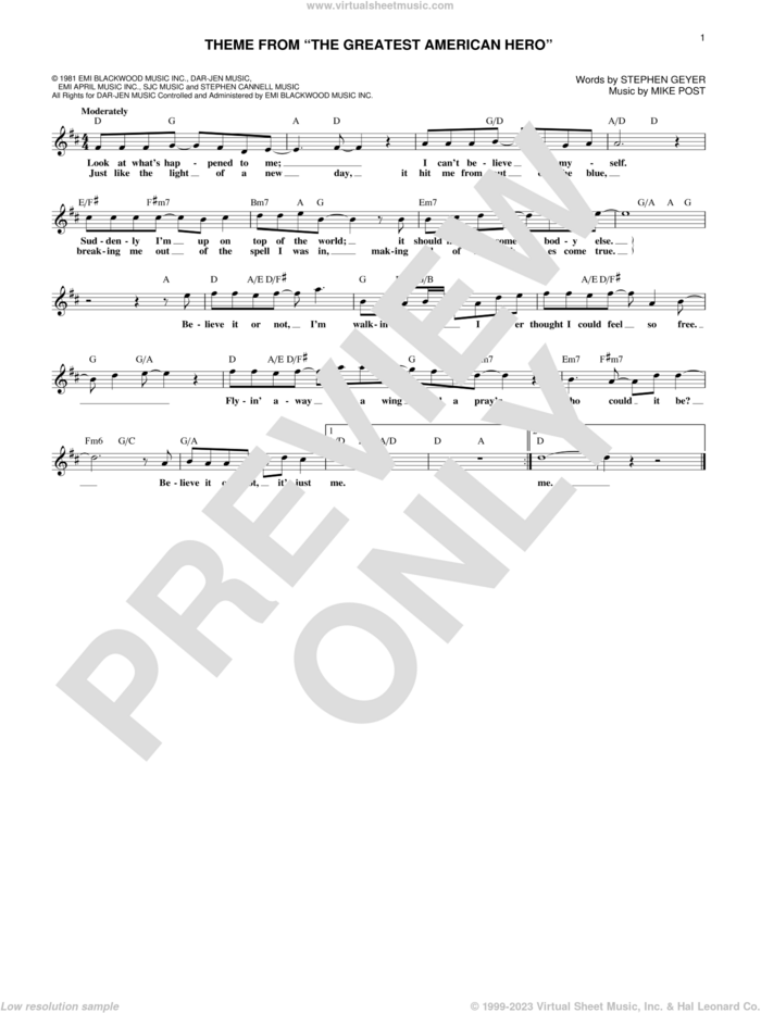 Believe It Or Not (Theme From 'The Greatest American Hero') sheet music for voice and other instruments (fake book) by Joey Scarbury, Mike Post and Steve Geyer, intermediate skill level