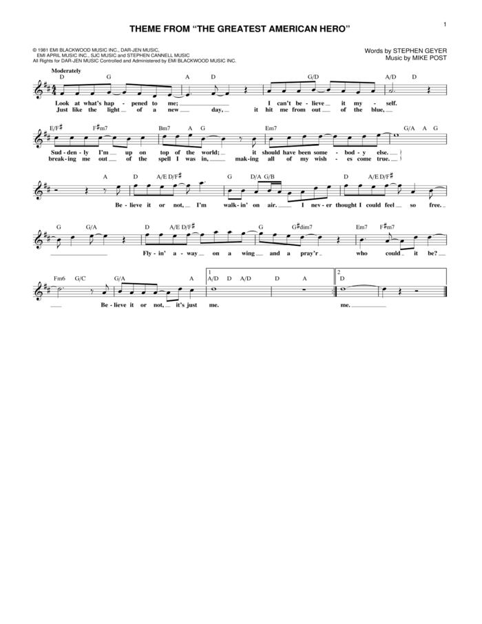 Believe It Or Not (Theme from The Greatest American Hero) sheet music for voice and other instruments (fake book) by Joey Scarbury, Mike Post and Steve Geyer, intermediate skill level