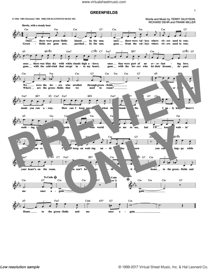 Greenfields sheet music for voice and other instruments (fake book) by The Brothers Four, Frank Miller, Richard Dehr and Terry Gilkyson, intermediate skill level