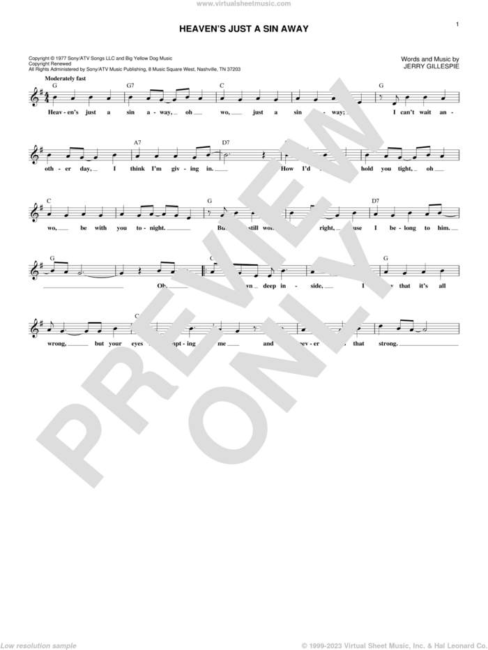 Heaven's Just A Sin Away sheet music for voice and other instruments (fake book) by The Kendalls and Jerry Gillespie, intermediate skill level