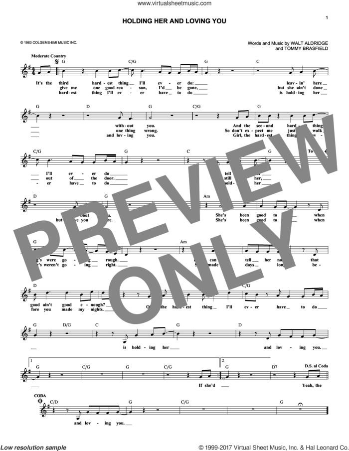 Holding Her And Loving You sheet music for voice and other instruments (fake book) by Earl Thomas Conley, Tommy Brasfield and Walt Aldridge, intermediate skill level