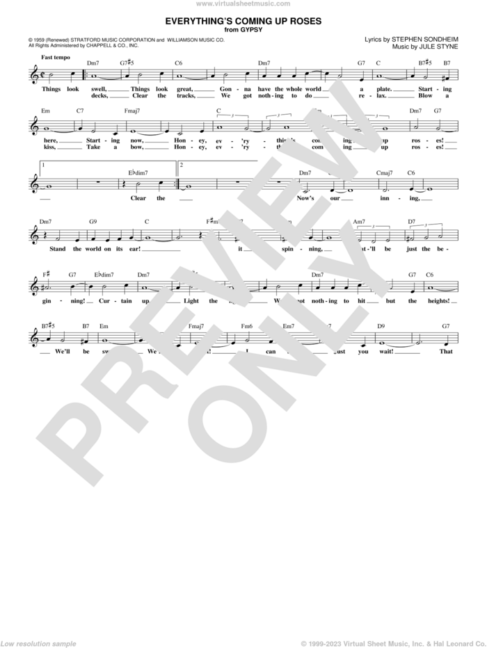 Everything's Coming Up Roses sheet music for voice and other instruments (fake book) by Jule Styne and Stephen Sondheim, intermediate skill level