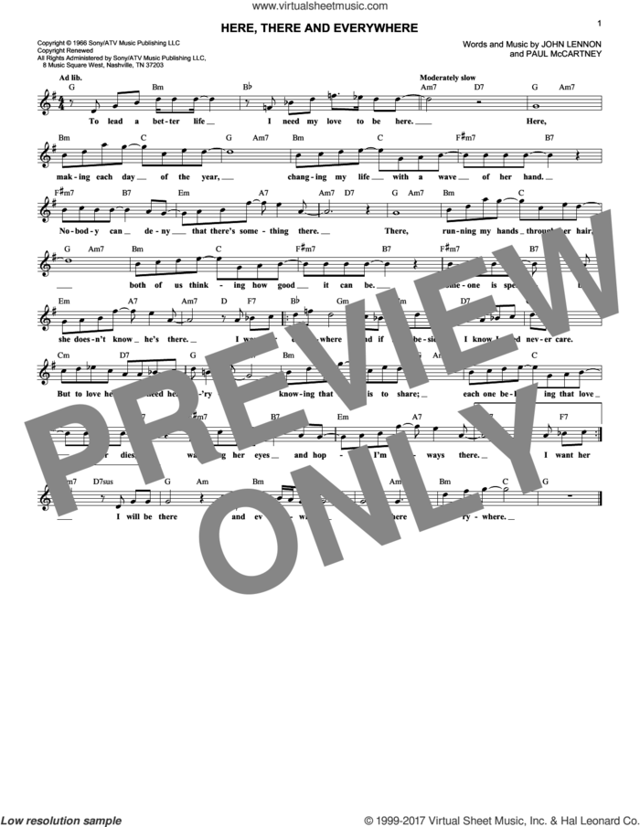 Here, There And Everywhere sheet music for voice and other instruments (fake book) by The Beatles, George Benson, Robert Laughlin, John Lennon and Paul McCartney, wedding score, intermediate skill level