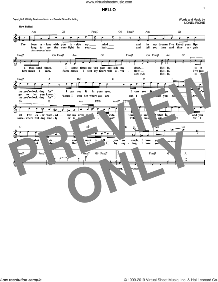 Hello sheet music for voice and other instruments (fake book) by Lionel Richie, intermediate skill level