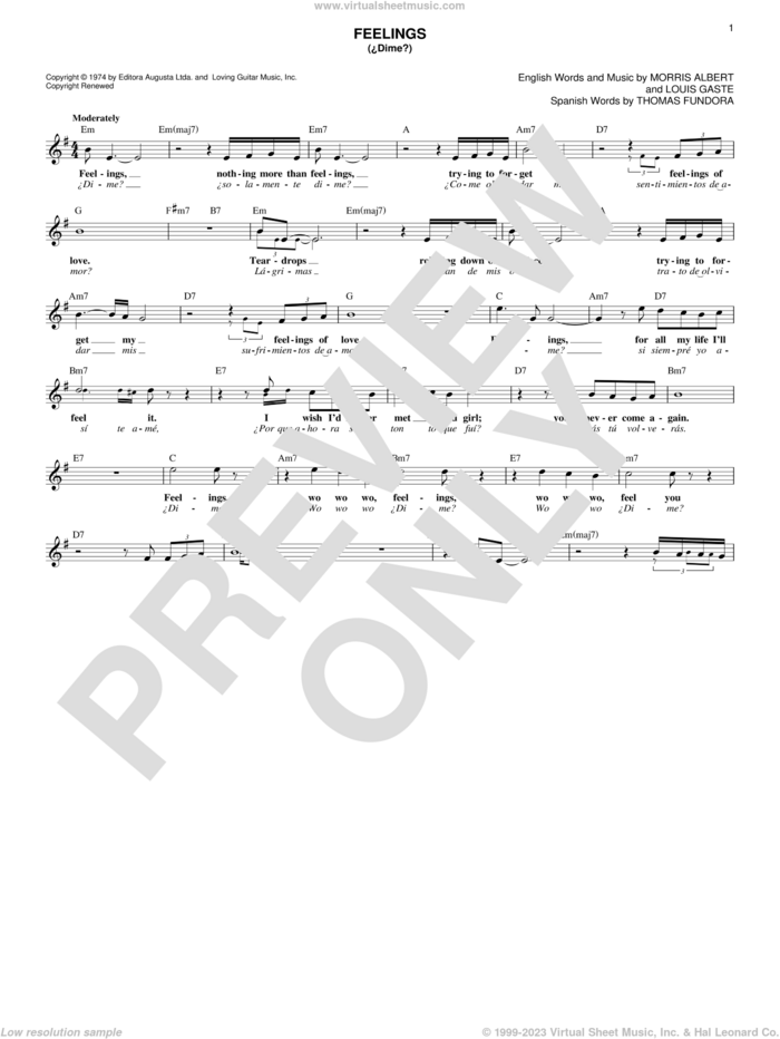 Feelings (Dime) sheet music for voice and other instruments (fake book) by Julio Iglesias, Louis Gaste, Morris Albert and Thomas Fundora, intermediate skill level