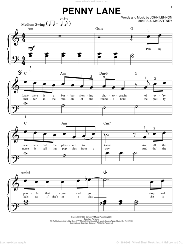 Penny Lane sheet music for piano solo (big note book) by The Beatles, John Lennon and Paul McCartney, easy piano (big note book)