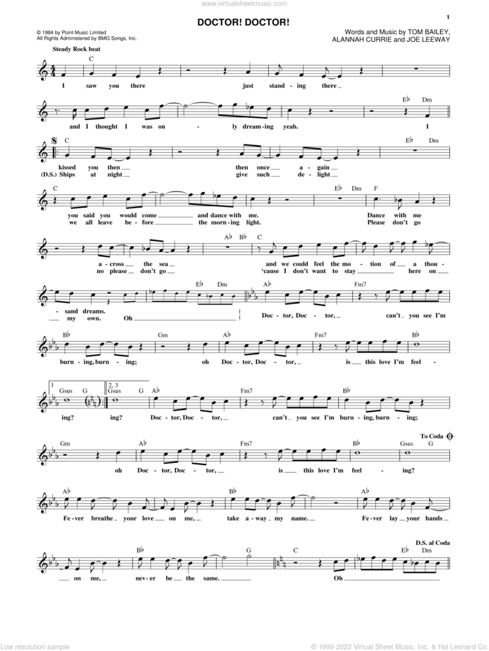 Doctor! Doctor! sheet music for voice and other instruments (fake book) by Thompson Twins, Alannah Currie, Joseph Leeway and Tom Bailey, intermediate skill level