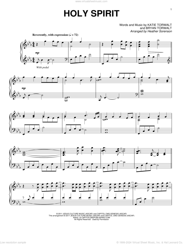 Holy Spirit sheet music for piano solo by Bryan Torwalt, Bryan & Katie Torwalt, Francesca Battistelli and Katie Torwalt, intermediate skill level