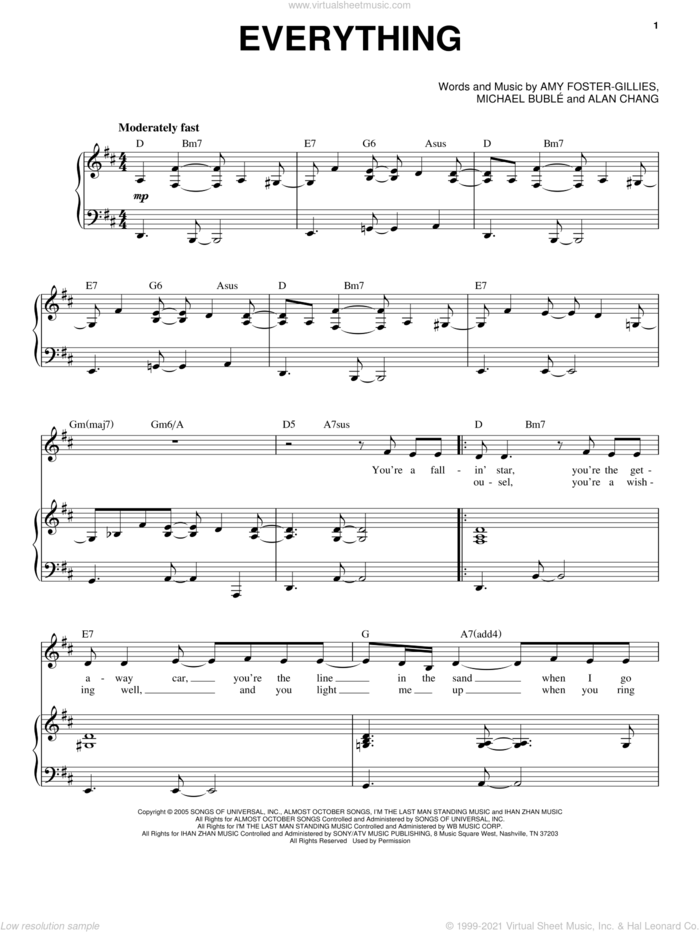 Everything sheet music for voice and piano by Michael Buble, Alan Chang and Amy Foster-Gillies, intermediate skill level