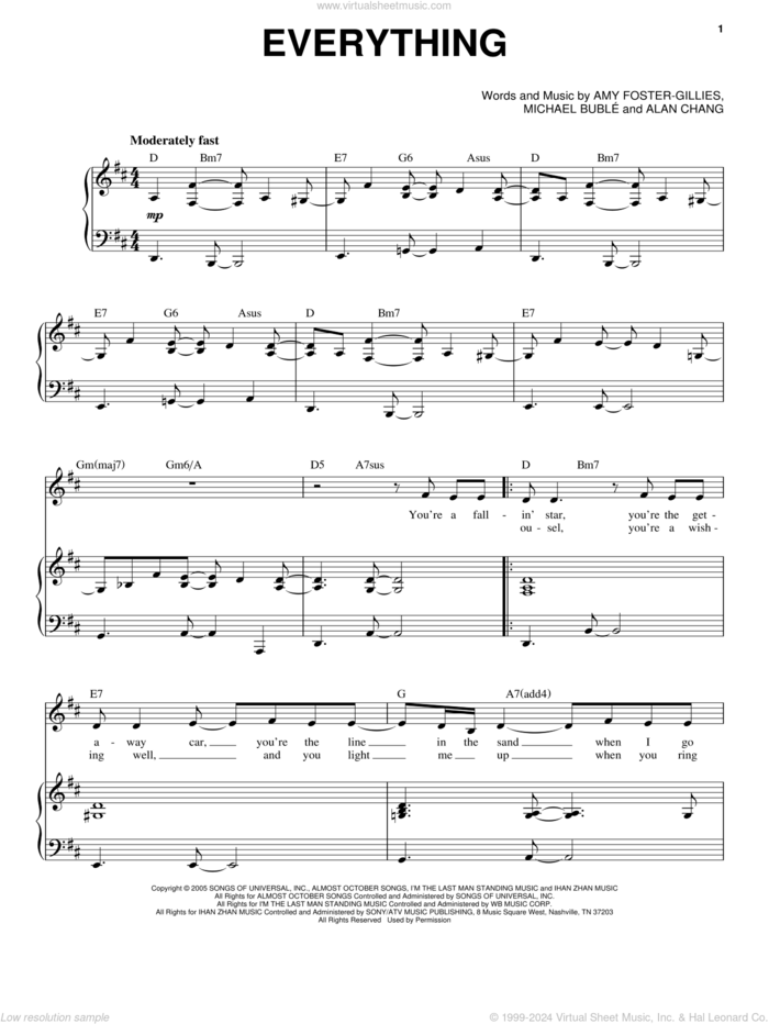 Everything sheet music for voice and piano by Michael Buble, Alan Chang and Amy Foster-Gillies, wedding score, intermediate skill level