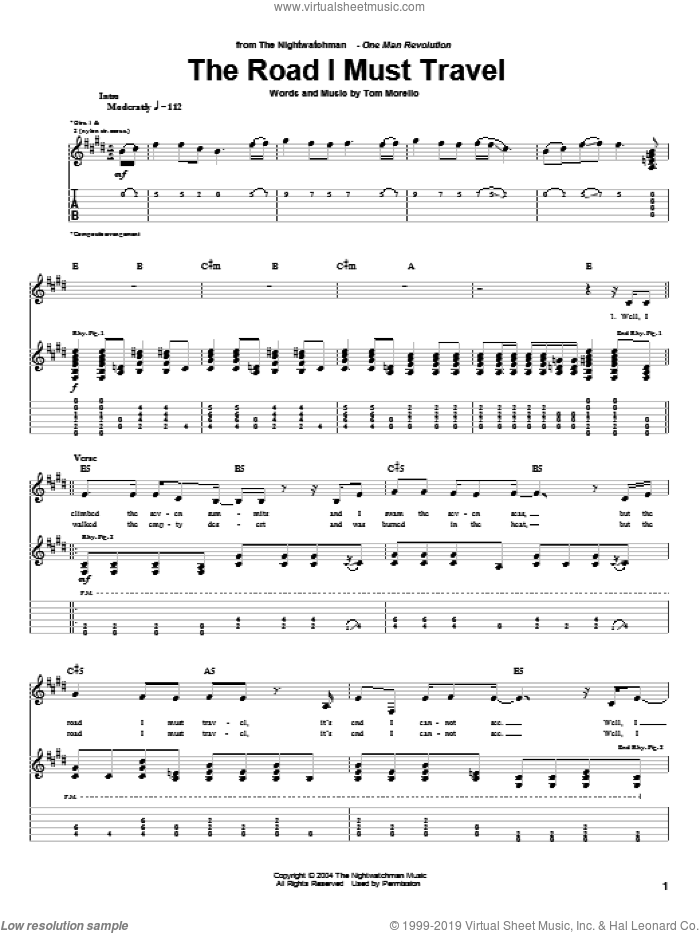 The Road I Must Travel sheet music for guitar (tablature) by The Nightwatchman and Tom Morello, intermediate skill level