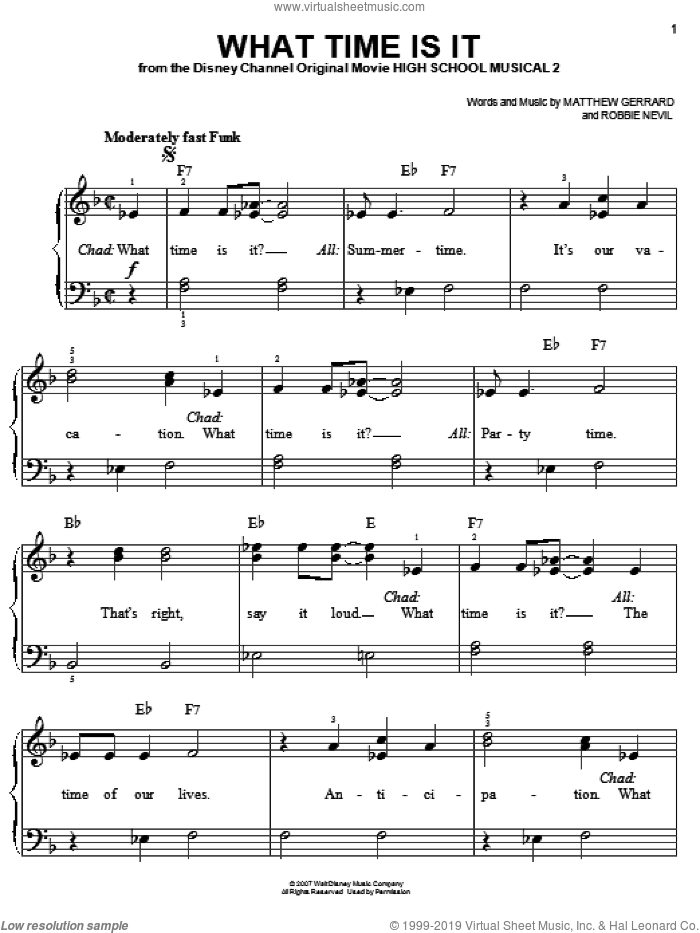 What Time Is It sheet music for piano solo by High School Musical 2, Matthew Gerrard and Robbie Nevil, easy skill level