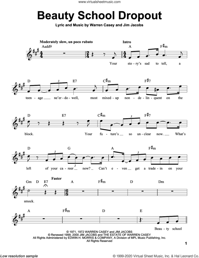 Beauty School Dropout sheet music for voice solo by Jim Jacobs and Warren Casey, intermediate skill level