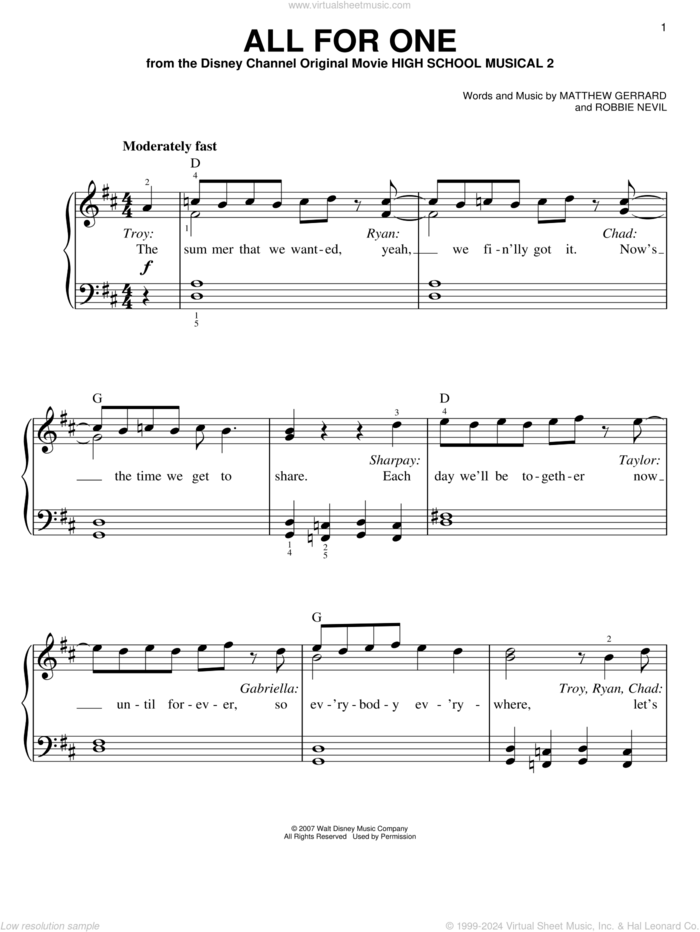 All For One, (easy) sheet music for piano solo by High School Musical 2, Matthew Gerrard and Robbie Nevil, easy skill level