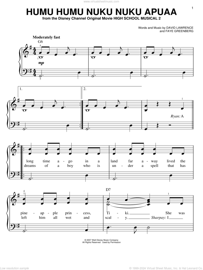 Humu Humu Nuku Nuku Apuaa sheet music for piano solo by High School Musical 2, David Lawrence and Faye Greenberg, easy skill level