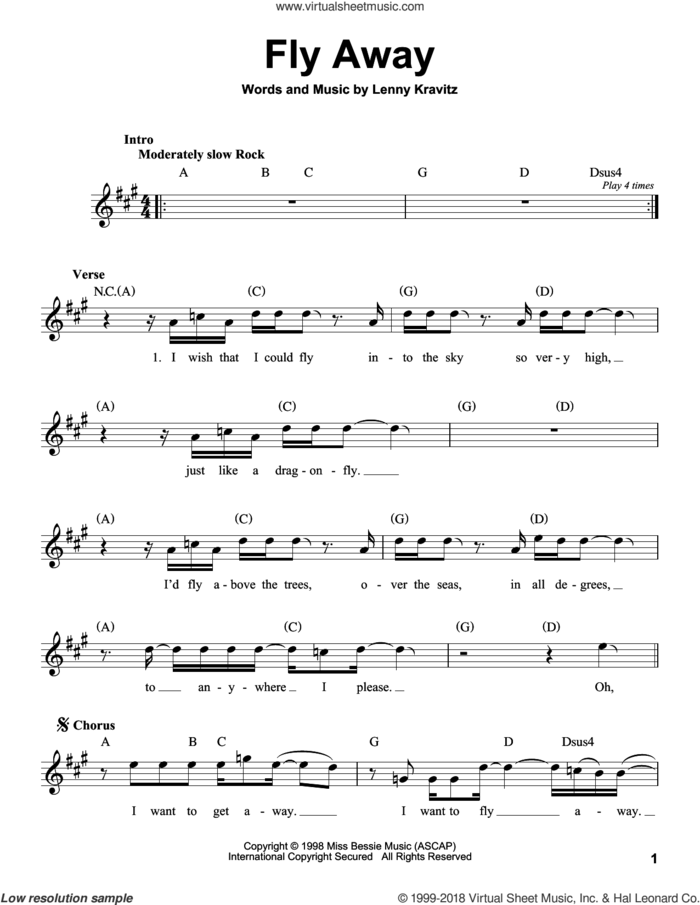 Fly Away sheet music for voice solo by Lenny Kravitz, intermediate skill level