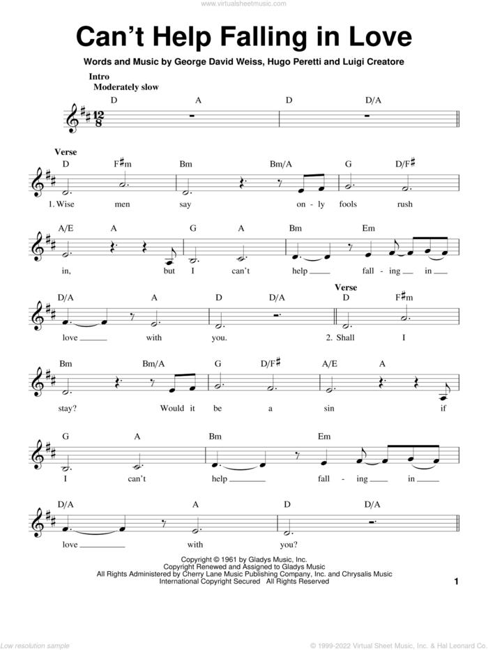 Can't Help Falling In Love sheet music for voice solo by Elvis Presley, George David Weiss, Hugo Peretti and Luigi Creatore, wedding score, intermediate skill level