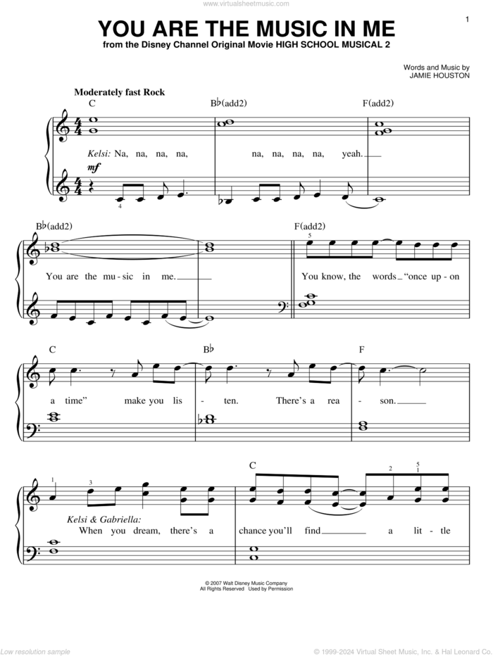 You Are The Music In Me (from High School Musical 2) sheet music for piano solo by Jamie Houston, High School Musical 2 and Zac Efron and Vanessa Anne Hudgens, easy skill level