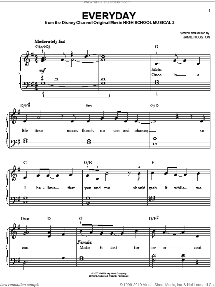 Everyday, (easy) sheet music for piano solo by High School Musical 2 and Jamie Houston, easy skill level